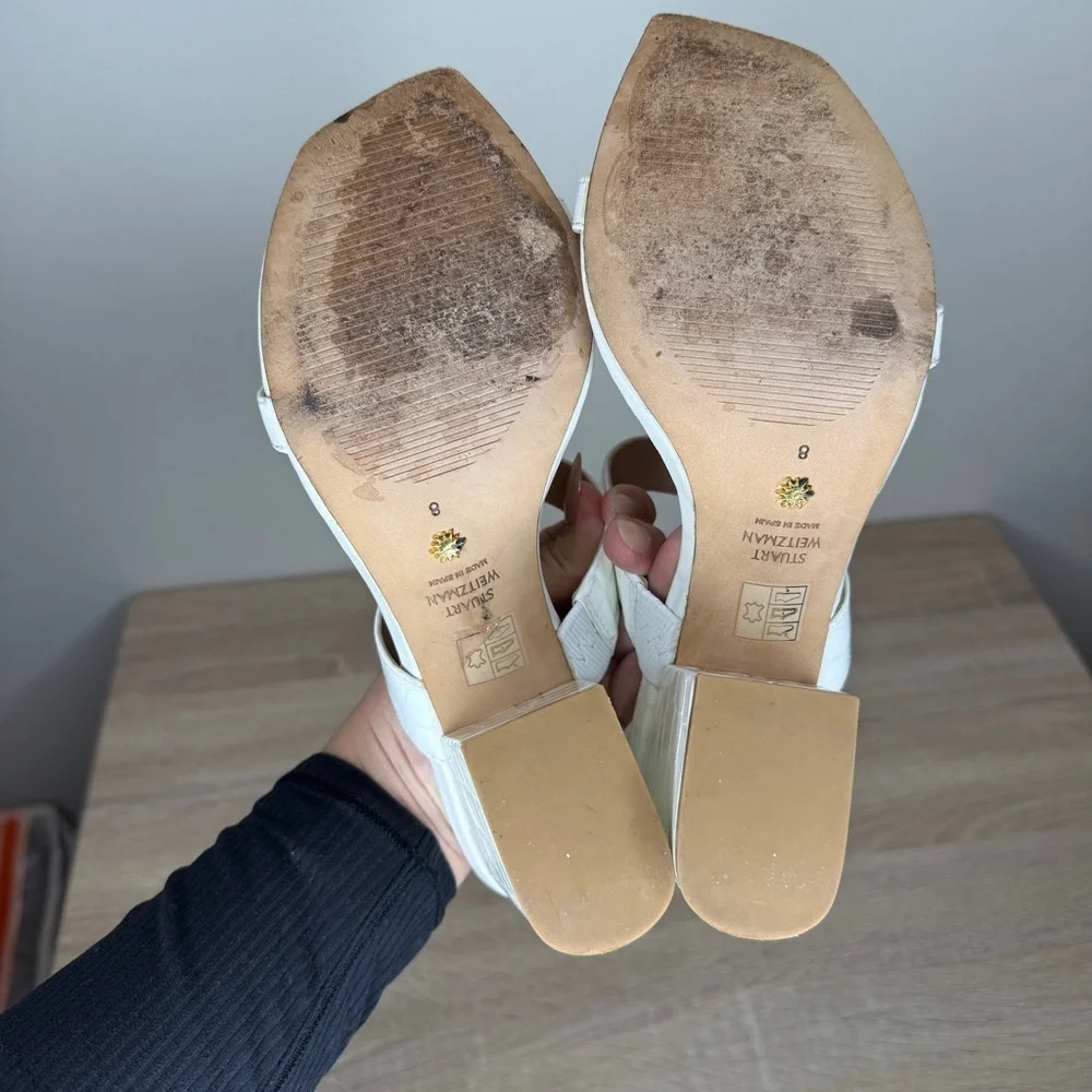 Stuart Weitzman White Croc-Embossed Block Heels Sandals Size 8